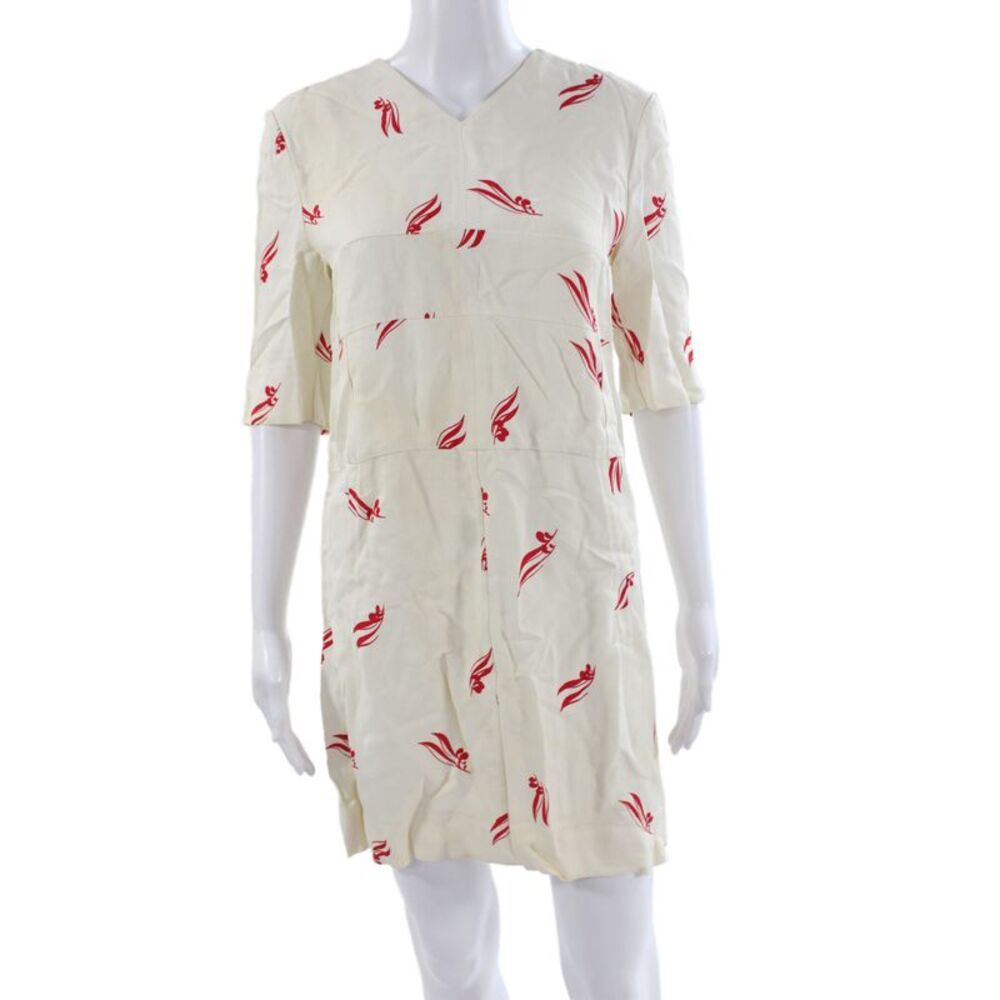 Marni Women Shift Dress Beige V-Neck Graphic Print Viscose 3/4 Sleeve Size 38